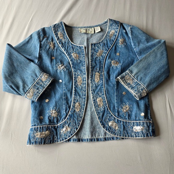 Tantrums Denim Jacket Medium Embellished Sequins Beaded Open Front Blue - Picture 1 of 8